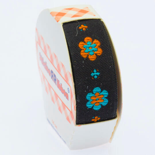 Sticker Ribbon Siyah Çiçek Baskılı Yapışkan Kurdele - SR-1690-V5