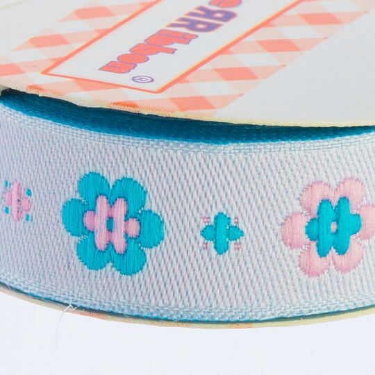 Sticker Ribbon Mavi Çiçek Baskılı Yapışkan Kurdele - SR-1690-V4