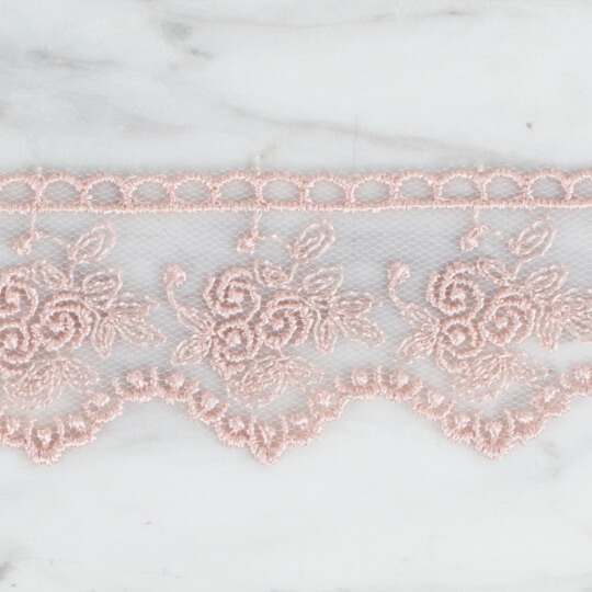 Önel Lace Ribbon, 3,5 cm, Powder Pink, Rose Patterned - 1618