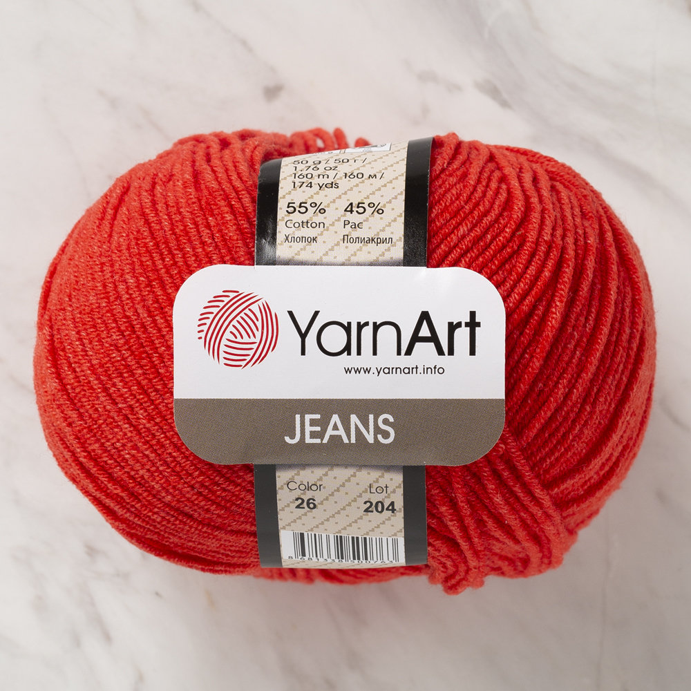 YarnArt Jeans Knitting Yarn, Red 26 Hobiumyarns